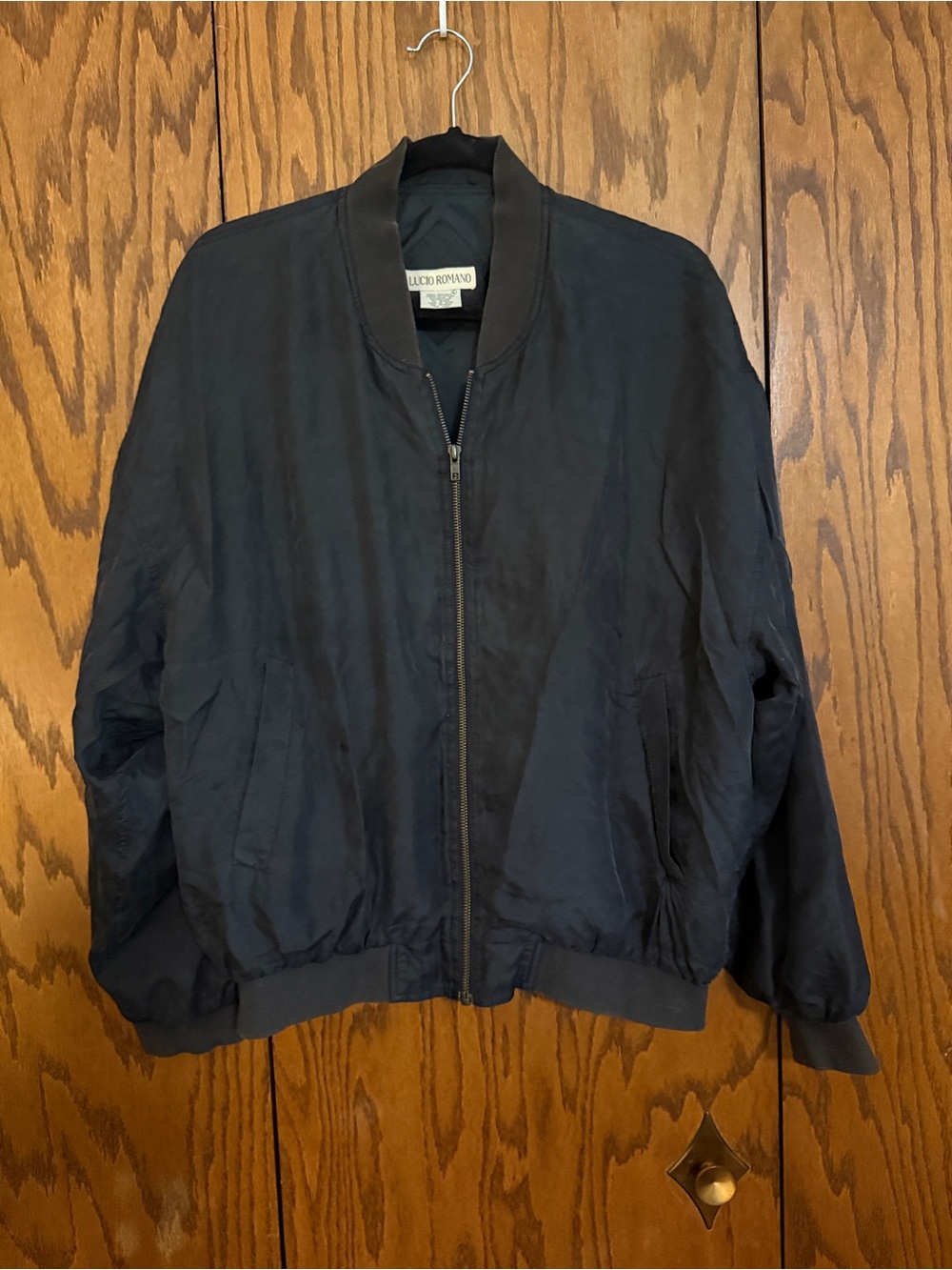 Lucio Romano 100% Silk Black Bomber Jacket Full Zip Men's Large
